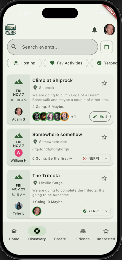 Event feed with RSVPs
